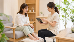 関市で巻き爪の相談先を女性スタッフとタブレットで確認する様子