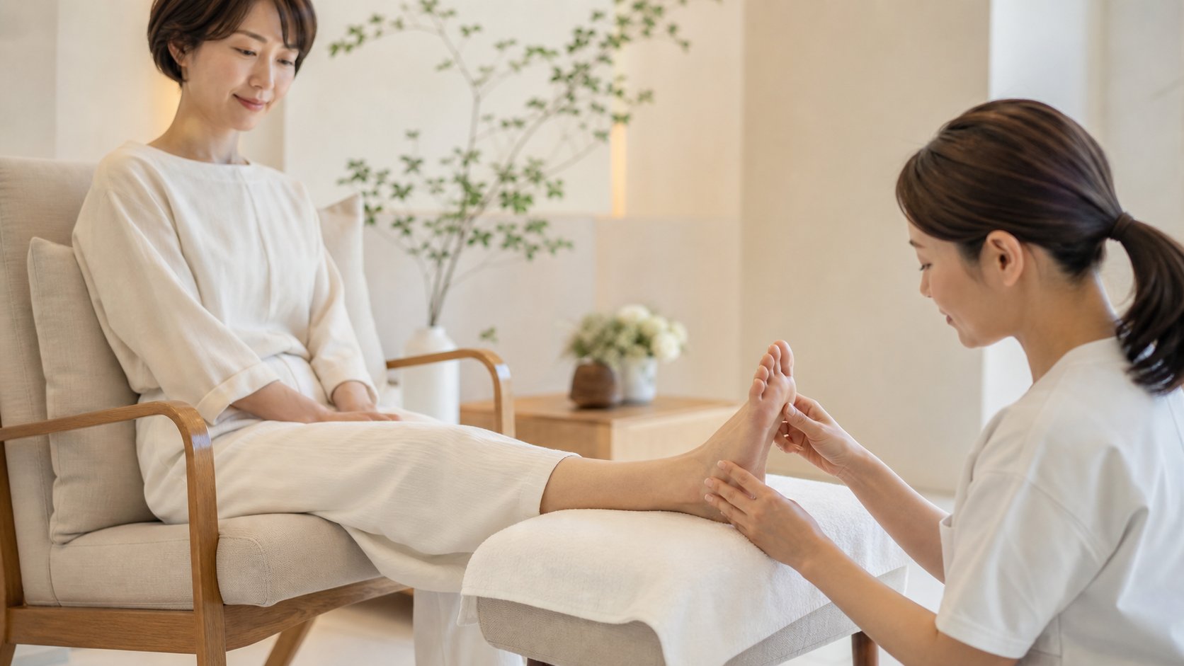 大垣で落ち着いてフットケアを受ける女性(イメージ)